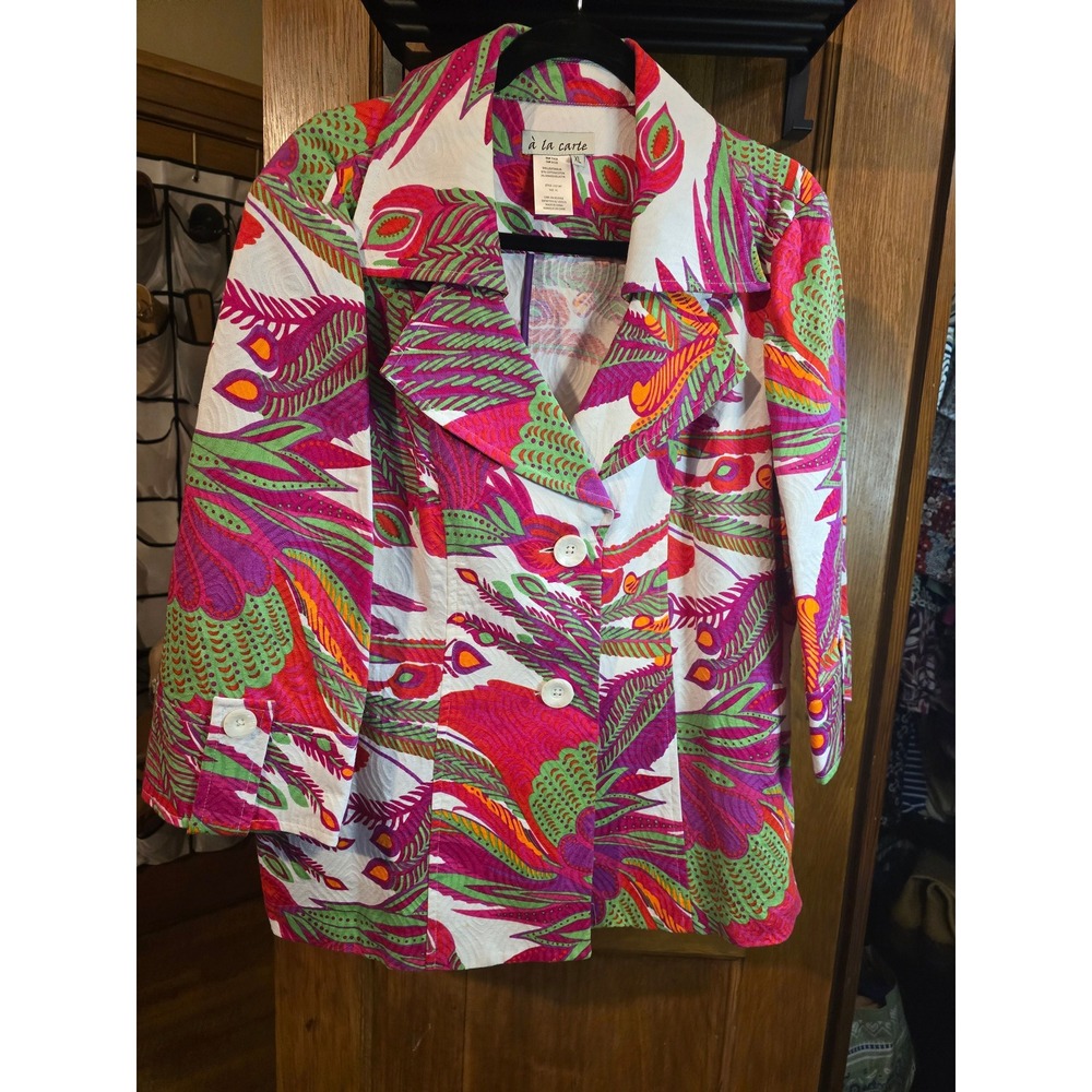 A La Carte Cotton Spandex Jacket 3/4 Sleeve Multicolor Peacock Print XL 2331J41